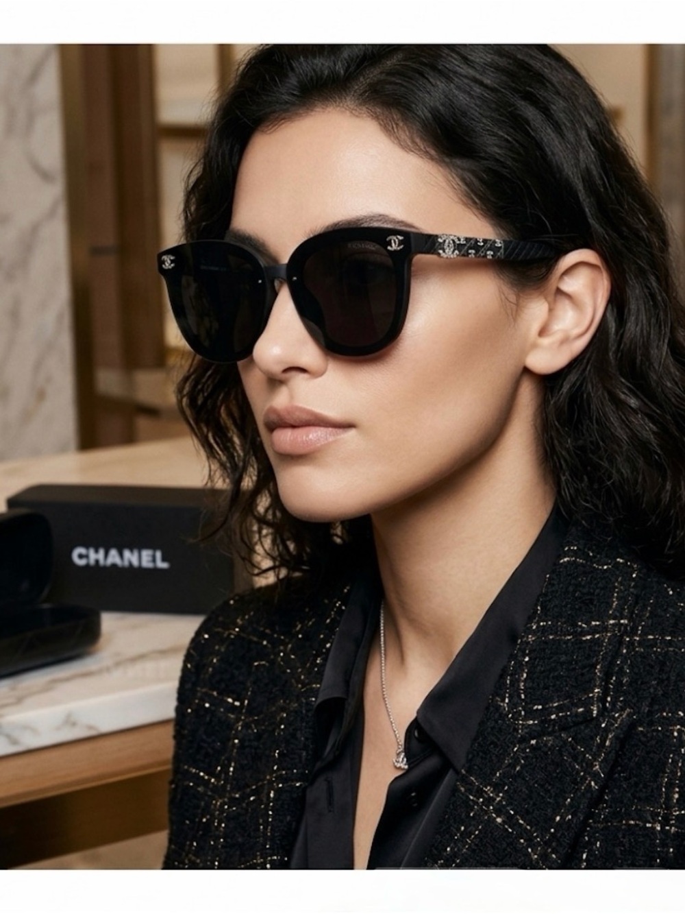 CHANEL Black Oversized Cat-Eye Sunglasses with Logo Temples